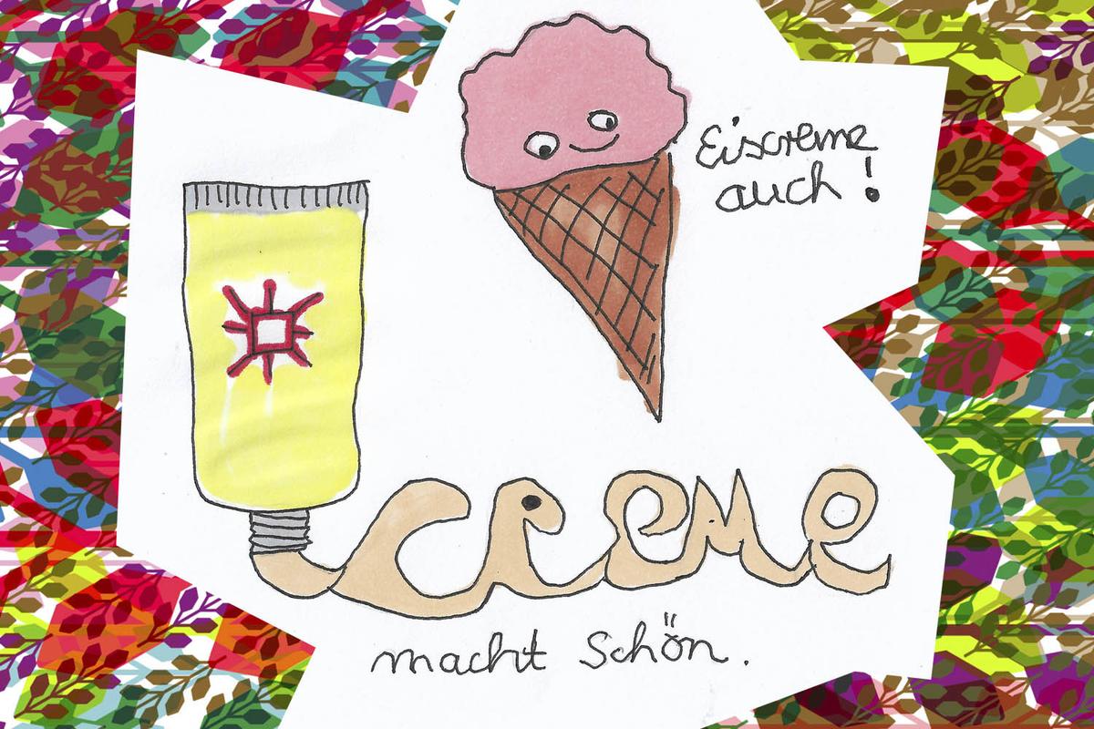 Humoristische Zeichnung einer Handcreme und einem Stanitzel mit einer Kugel Eis. Der Text ist "Handcreme macht schön." und "Eiscreme auch". Die Illustration ist von Cosima Reif für das Xundheitspackerl Oktober 2023.