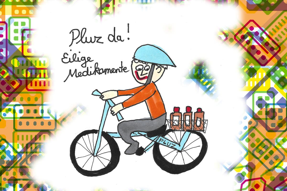 Illustration eines Fahrradboten von Pluz Care im Xundheitspackerl Jänner 2023 von Cosima Reif