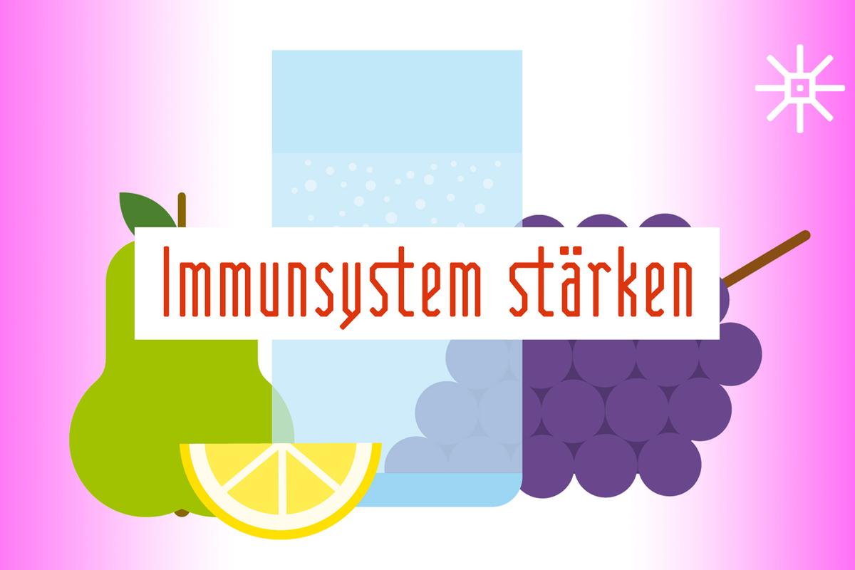 Titel "Immunsystem stärken" vor einem Illustration eines Wasserglases, einer Birne, Zitrone und Weintrauben