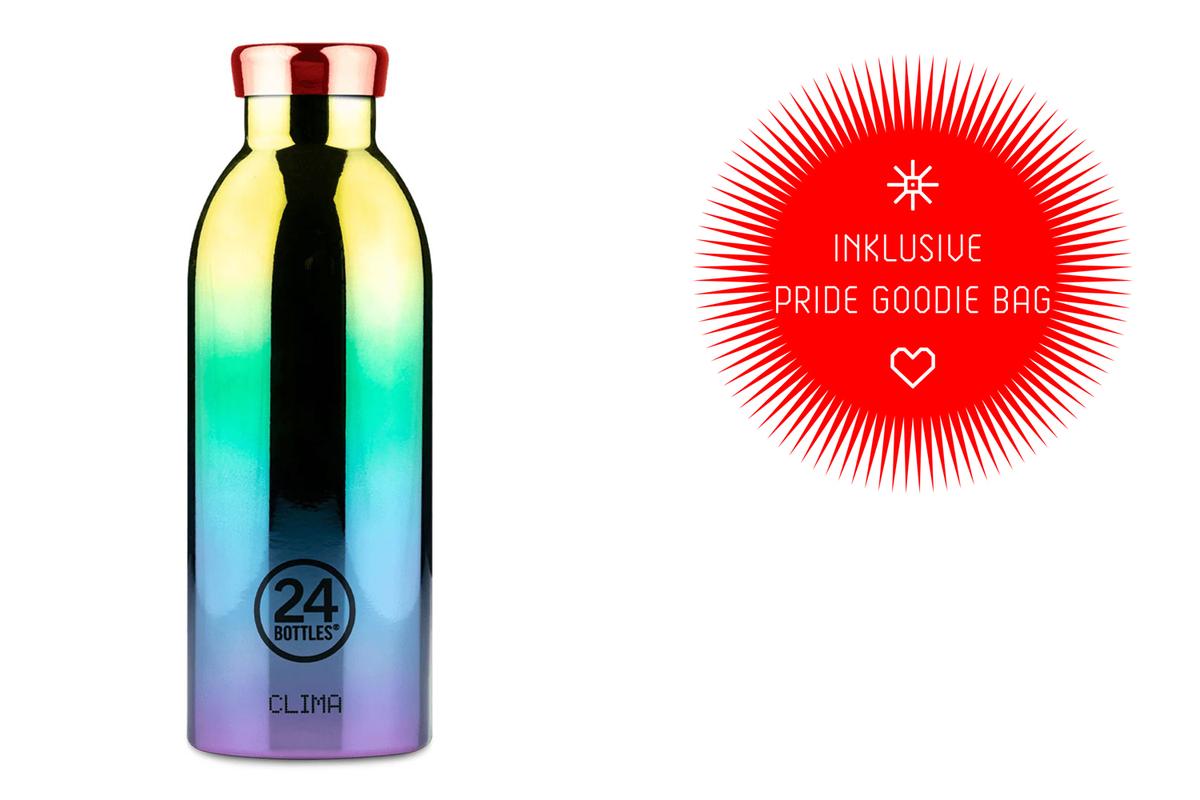 Regenbogen-farbene Trinkflasche von 24bottles. Daneben ist ein roter Stern. Darin steht der Text "inklusive Pride Goodie Bag"