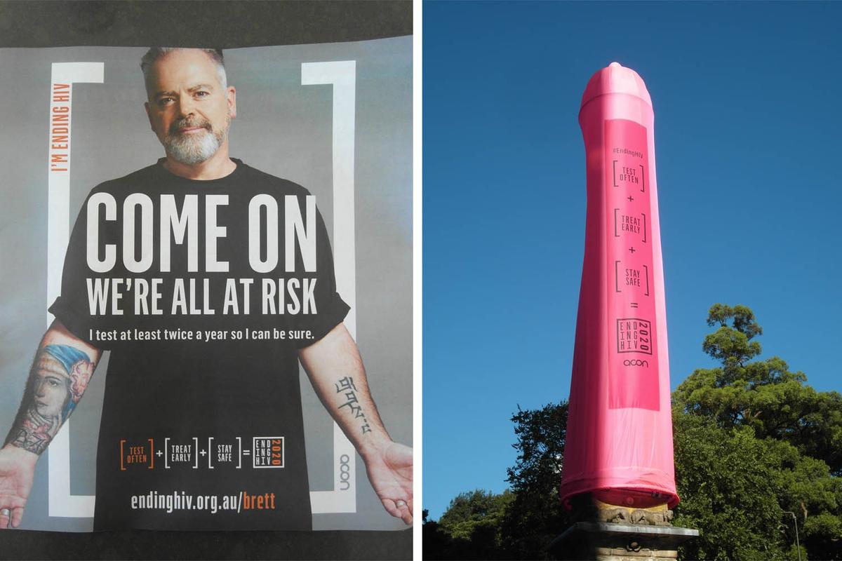 Ein Poster eines Mannes mit der Aufschrift "Come on, we're all at risk" einer HIV-Awareness-Kampagne in Sydney und ein Bild einer mit pinkem Kondom überzogenen Säule als Teil der Awareness-Kampagne