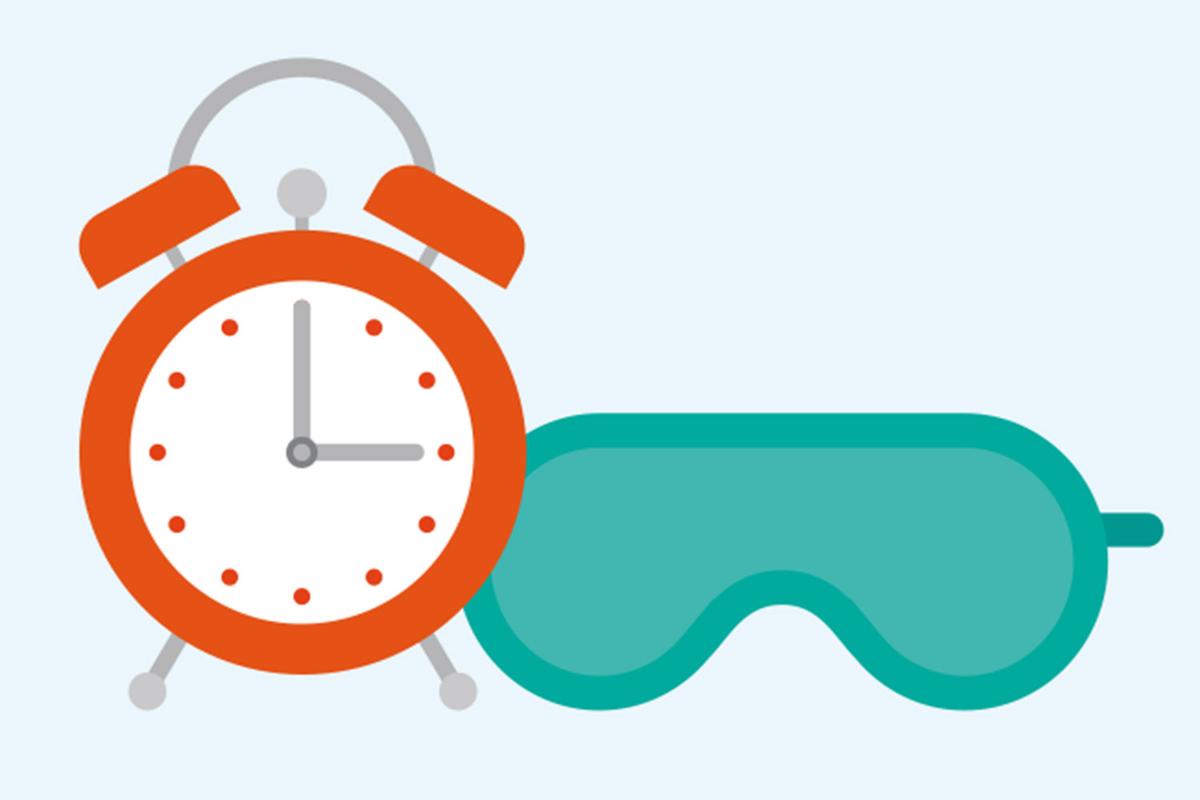 Illustration eines roten Weckers und einer türkisen Schlafmaske vor hellblauem Hintergrund. Illustration von Rike Hofmann