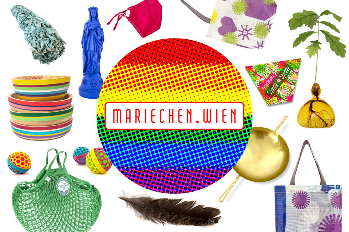 Verschiedene Produkte aus dem Mariechen.wien-Onlineshop mit großem Mariechen.wien-Regenbogenlogo darüber