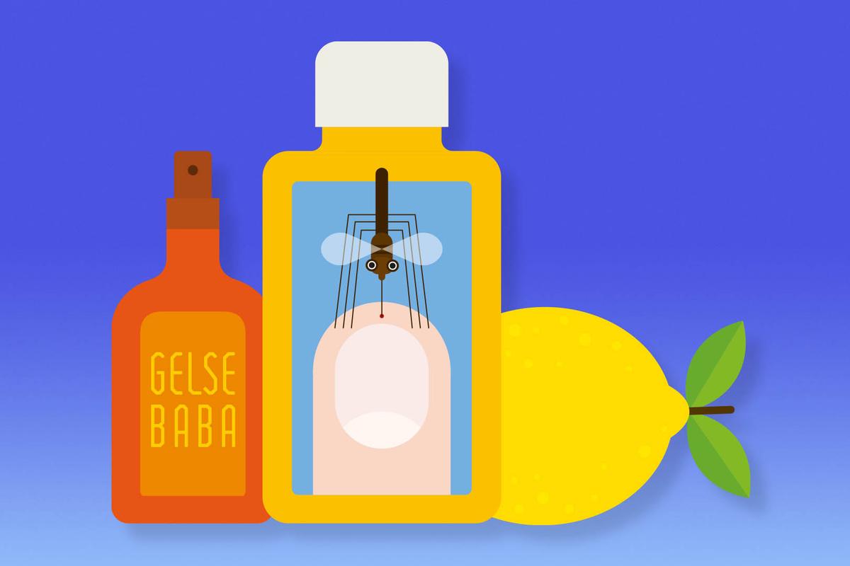 Illustration von zwei Flaschen, die Gelsen-Mittel darstellen. Auf einer Flasche steht "Gelse baba". Hinter den beiden Flaschen liegt eine Zitrone.