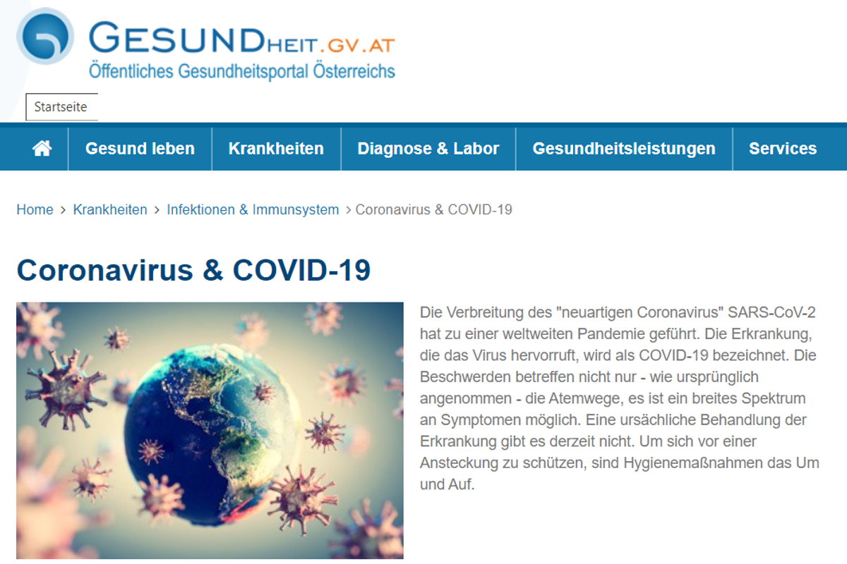 Screenshot der Startseite von gesundheit.gv.at im Oktober 2020