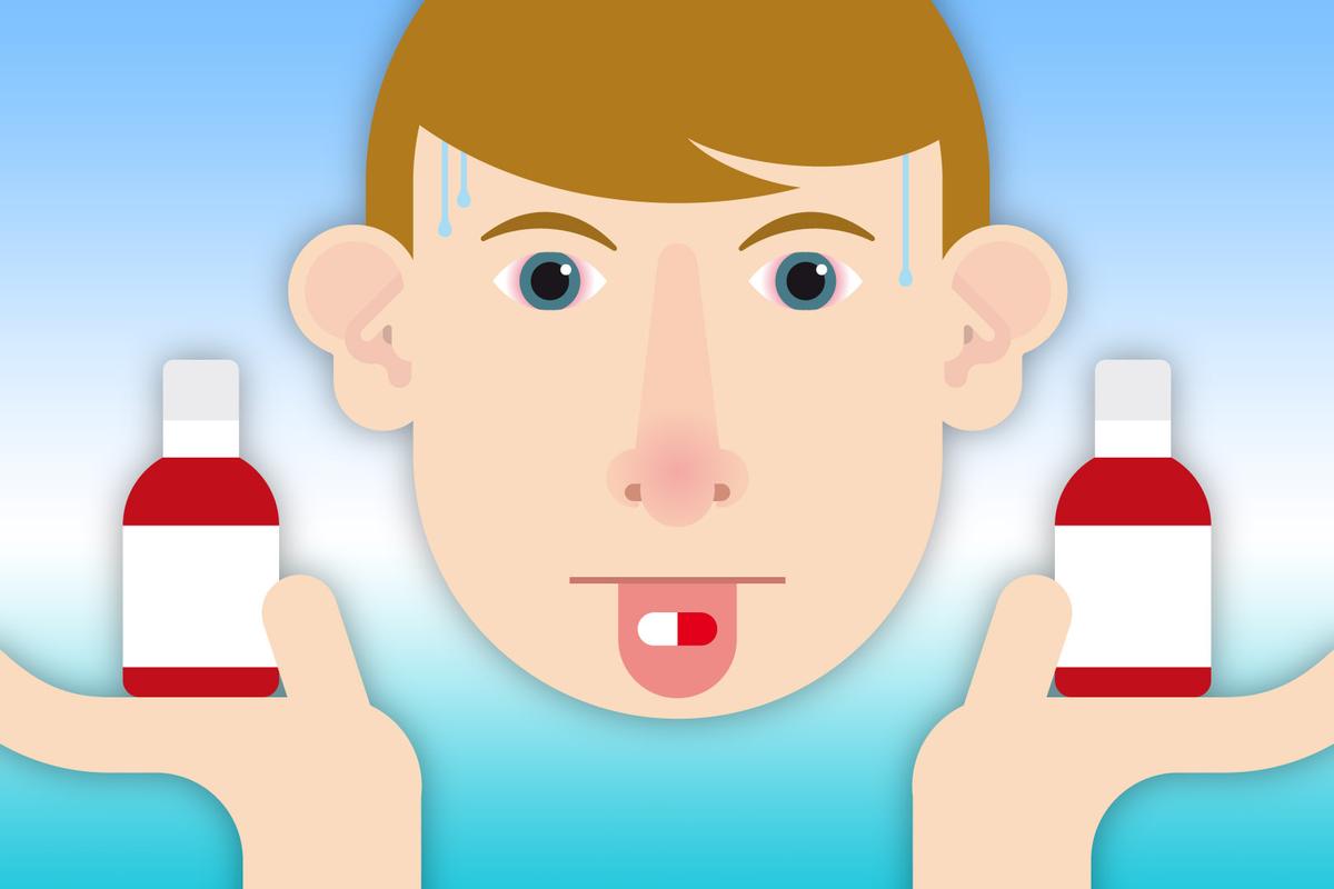 Illustration eines männlichen Gesichts, das die Zunge herausstreckt auf der eine Pille liegt. In der linken und rechten Hand sind jeweils eine Pillendose zu sehen. Die Illustration ist von Rike Hofmann