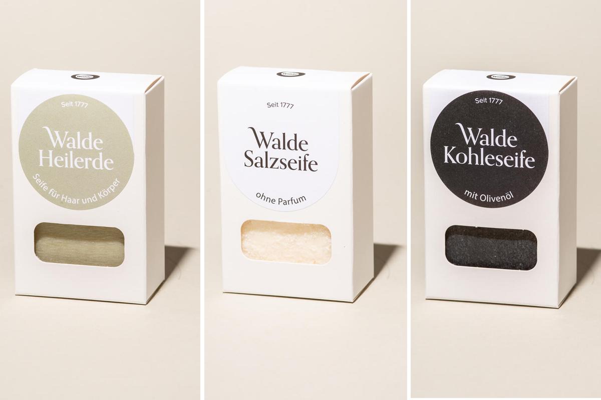Walde Heilerde-Seife, Salz-Seife und Kohle-Seife nebeneinander