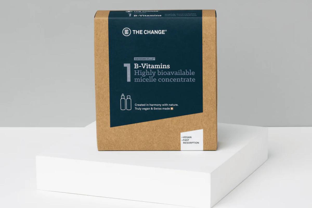 Verpackung der Nahrungsergänzung mit B-Vitaminen von Be The Change aus der Schweiz