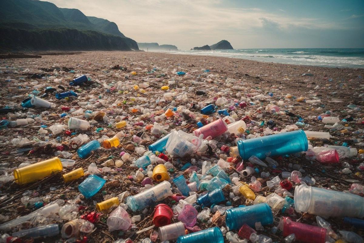 Mit Plastik verschmutzter Strand