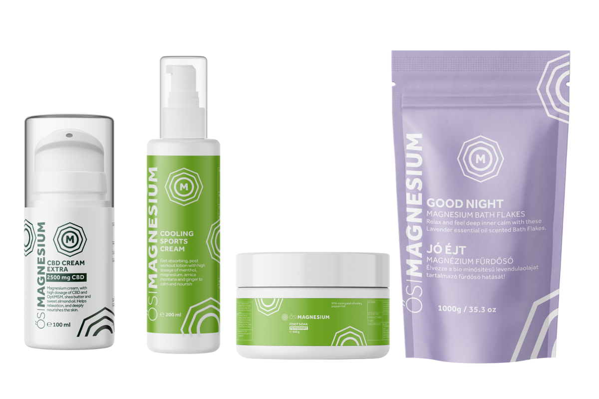 Collage von ÖSI Magnesium Produkten wie der Melatonin-Lotion, kühlenden Magnesium-Lotion, Fußcreme und den Magnesium-Badeflocken