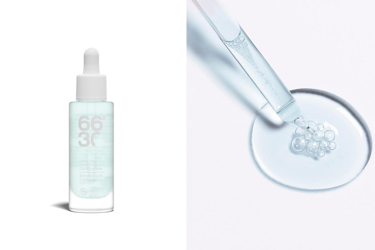 Hyper Hyaluronic Face Serum von 66°30 auf der linken Seite. Pipette des Face Serums, die das Serum auf eine Oberfläche tropft, in Nahaufnahme auf der rechten Seite.