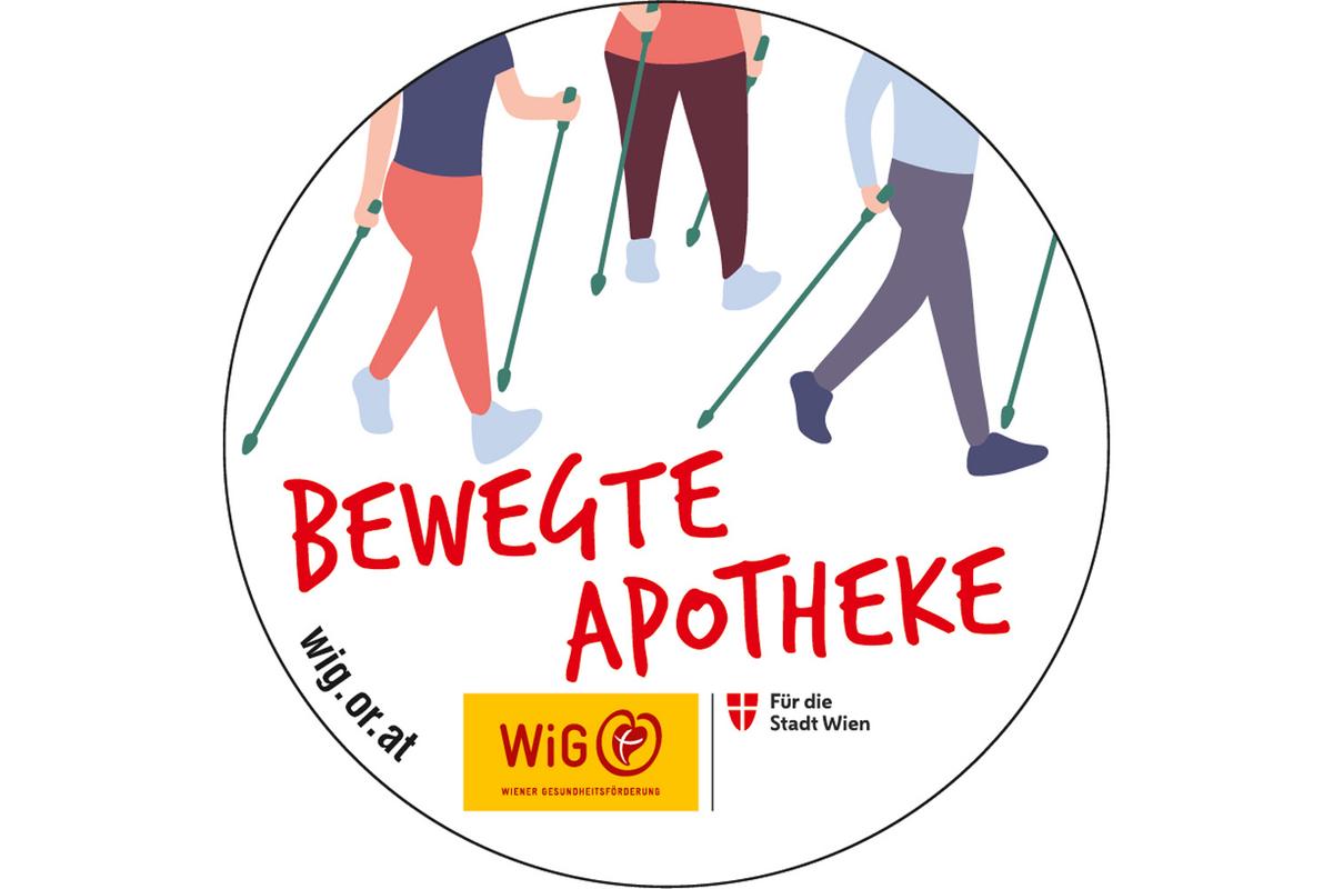 Logo des Projekts "Bewegte Apotheke" der Wiener Gesundheitsförderung mit gezeichneten Beinen mit Walking Stöcken