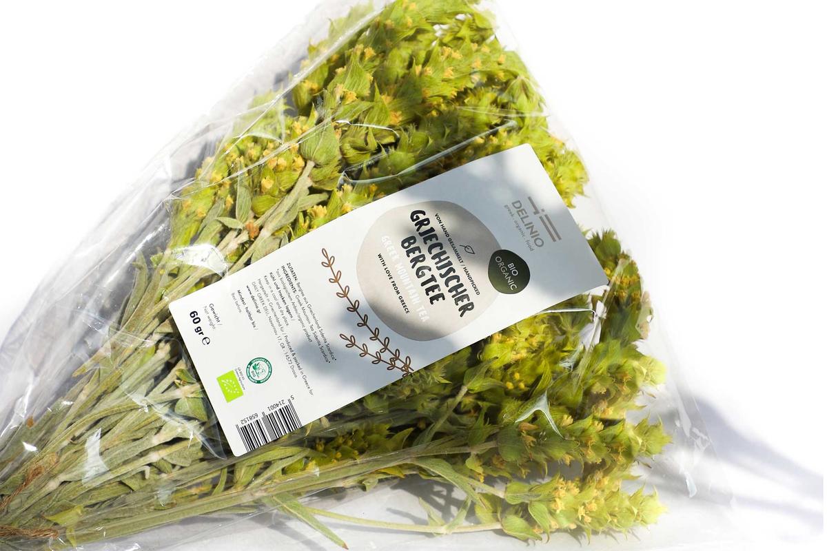 Griechische Bio-Bergtee-Rispen in Plastik abgepackt