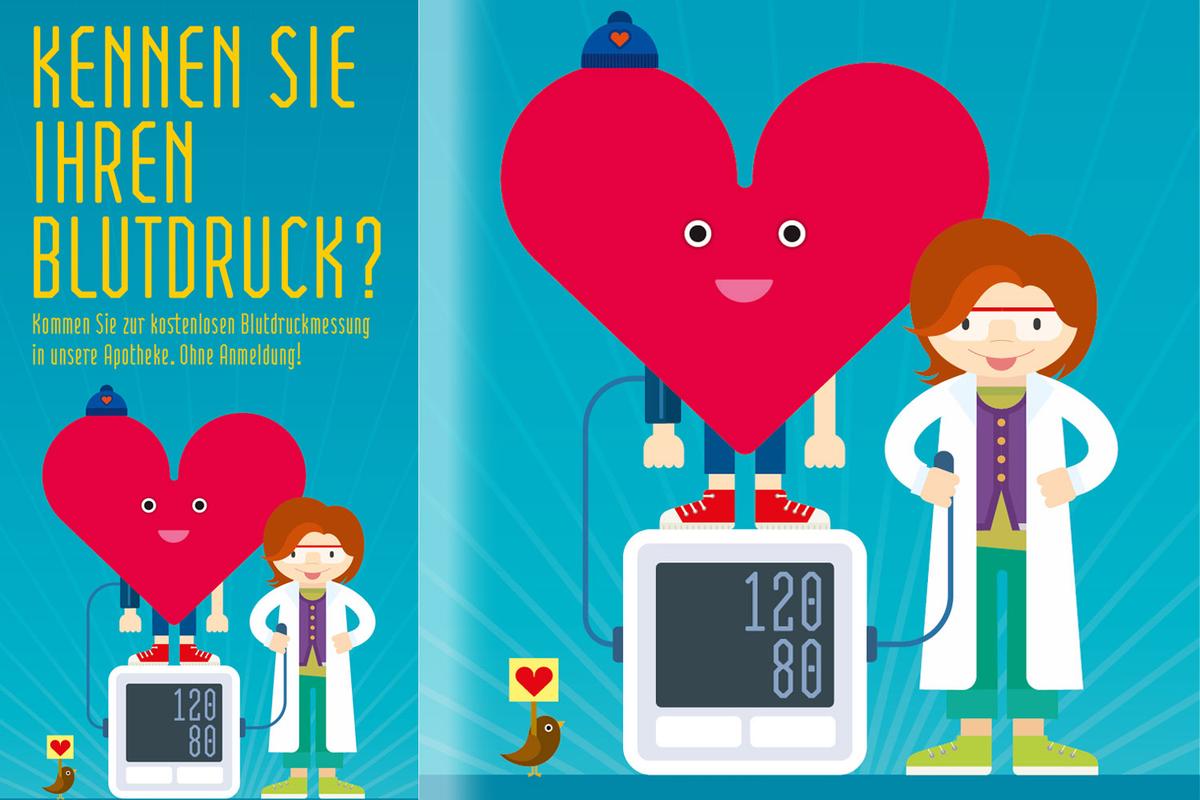 Illustration von Karin Simonitsch mit einem Herz und einem Blutdruckmessgerät. Links im Bild steht: "Kennen Sie Ihren Blutdruck?"