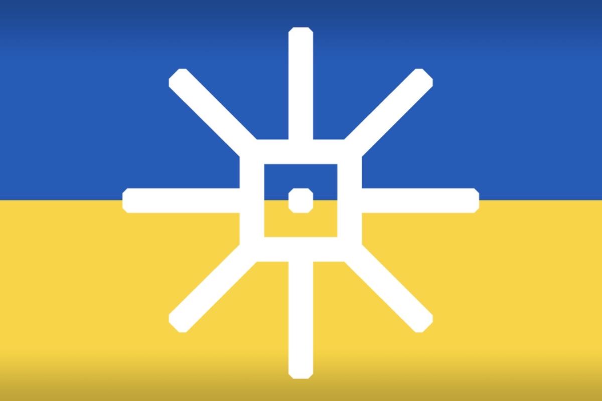 In Ukraine-Farben gefärbtes Logo der Marien Apotheke