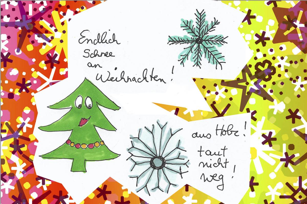 Humoristische Zeichnung eines Christbaums und einer Schneeflocke. Bildtext: Endlich Schnee an Weihnachten! Aus Holz: Taut nicht weg. Die Illustration ist von Cosima Reif für das Xundheitspackerl Dezember 2023.