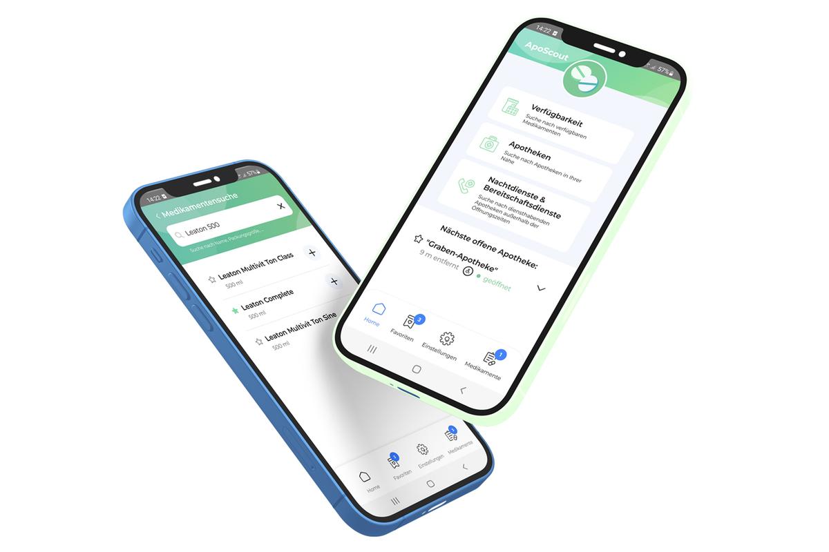 Zwei Handys, die am unteren Ende übereinander gelagert sind. Beide zeigen verschiedene Ansichten der ApoScout-App zur Medikamentensuche.