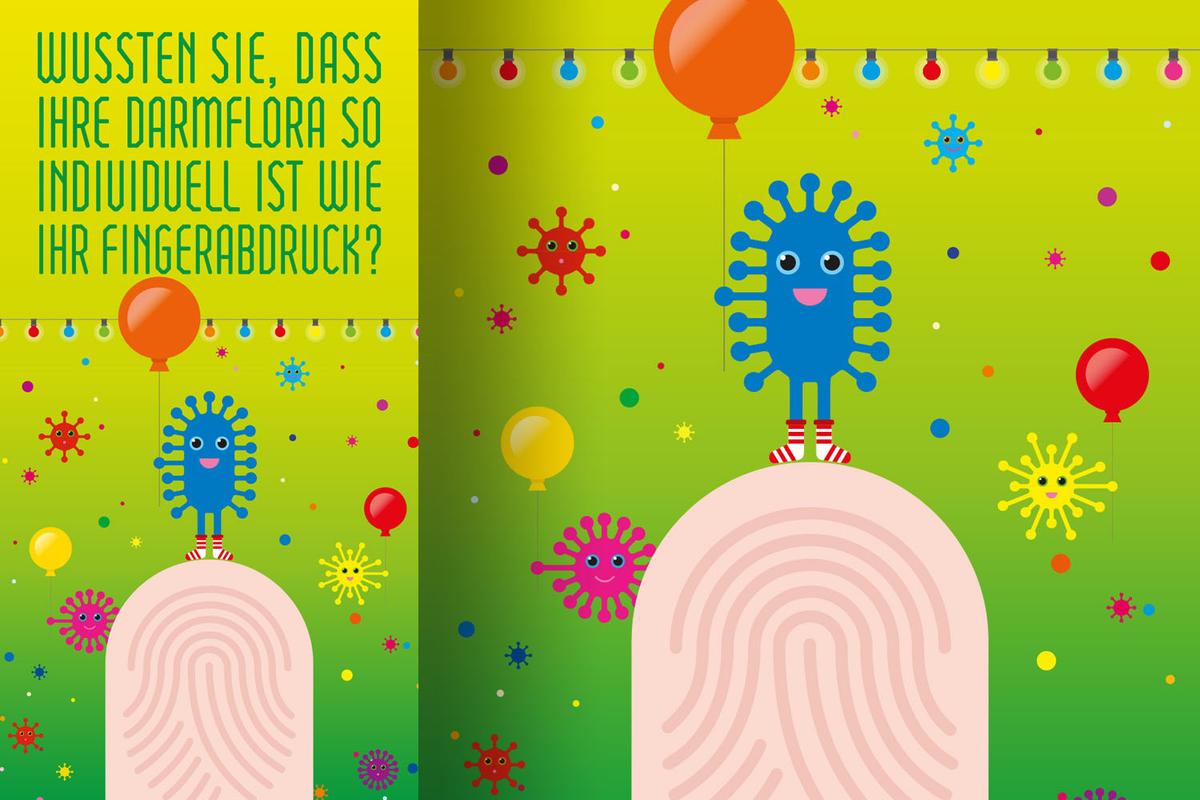 Illustration eines Fingerabdrucks und vieler bunter Bakterien, die mit Luftballons daneben hoch fliegen. Im linken Bereich des Bildes steht der Text "Wussten Sie, dass Ihre Darmflora so individuell ist wie Ihr Fingerabdruck?" Die Illustration ist von Rike Hofmann.