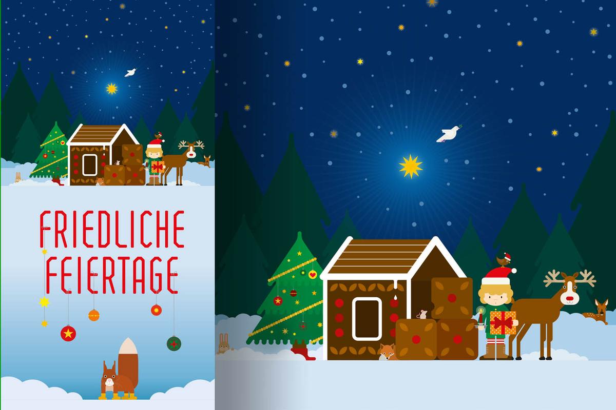 Illustration eines gemütlichen Häuschens in einer Winternacht, links davon steht Friedliche Feiertage in roter Schrift. Illustration von Rike Hofmann