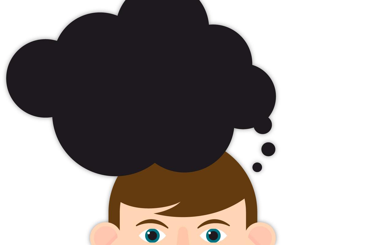 Illustration eines Mannes mit schwarzer Wolke über dem Kopf