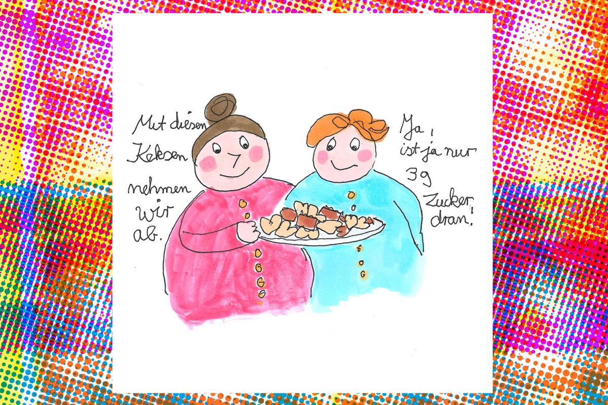 Humoristische Zeichnung zweier Frauen. Die eine sagt: "Mit diesen Keksen nehmen wir ab." und die andere antwortet "Ja, klar, sind ja nur 3g Zucker drin.". Die Zeichnung ist von Cosima Reif für das Xundheitspackerl Dezember 2024.