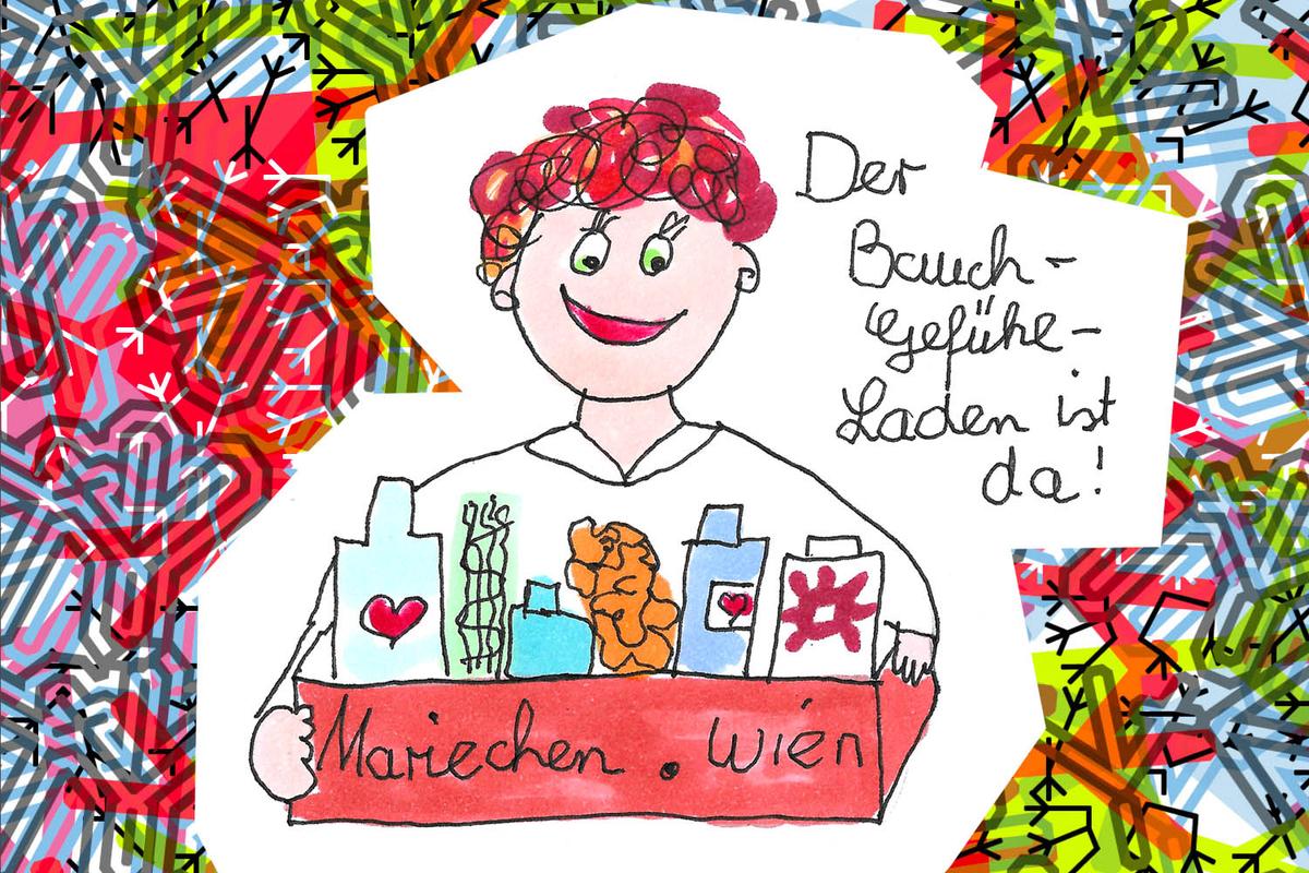 Humoristische Zeichnung von Karin Simonitsch, die einen Bauchladen mit verschiedenen Produkten trägt. Bildtext: Der Bauchgefühle-Laden ist da. Marichen.wien. Die Illustration ist von Cosima Reif für das Xundheitspackerl November 2023.
