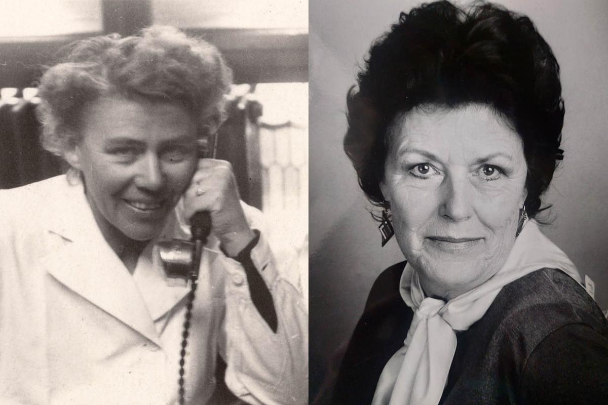 Auf der linken Seite des Bildes ist eine schwarz-weiß-Fotografie von Dr. Doris Schmatt zu sehen, auf der rechten Seite eine schwarz-weiß-Fotografie von Mag. Irmgard Simonitsch